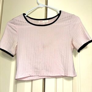 ROMWE Baby Pink ContrastBinding Ribbed Crop Tee